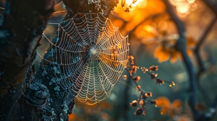 beautiful spider web network on a tree at sunrise in high resolution and high quality - Powered by Adobe