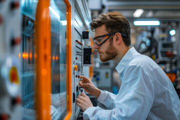 Worker overseeing the injection molding of plastics at a modern manufacturing plant. AI generated.