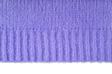 Purple knitted woolen jersey fabric, sweater, pullover texture with edge isolated on white, transparent background. Fabric abstract backdrop, cloth wallpaper