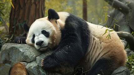 Obraz premium The funny behavior of a panda sitting on a rock