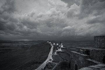 Photographs of old windmills in Castilla La Mancha