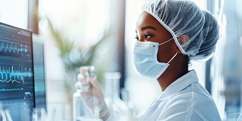 female medical lab technician with mask and hair net examining fluids - Powered by Adobe