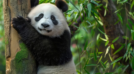 Close-up portrait of a panda. adorable panda behavior while hugging a tree trunk