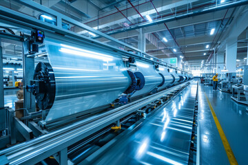 Brightly lit factory floor showcasing the extrusion of plastic films with workers and control systems. AI generated.