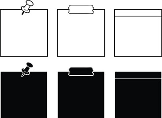 Blank Sticky Memo Note Clipart Template Set with Pin and Tape Options - Outline & Silhouette