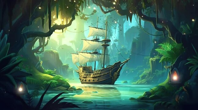 pirate ship, ocean, forest, sailing, adventure, sea, nautical, maritime, vessel, boat, water, waves, wood, sails, mast, hSeamless looping 4k time-lapse virtual video animation background. Generated AI