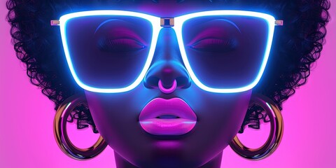 beautiful face of a woman, futuristic bright neon accessories, black background, front view, futuristic neon clothing