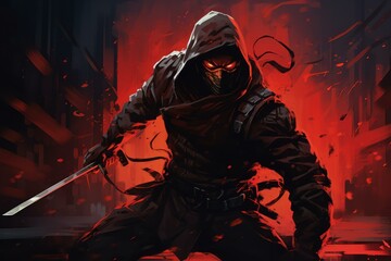 Enigmatic ninja with sword ready against a dramatic red backdrop