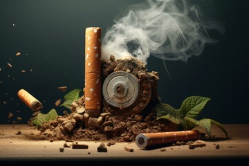Cigarette butts extinguished in dirt, exposing the dangers of tobacco use - obrazy, fototapety, plakaty