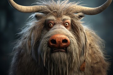 High-quality 3d illustration of a furry yak character with large horns and a funny expression