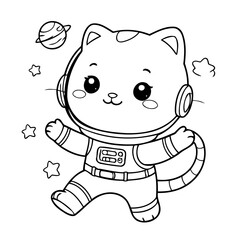 Obraz premium Vector illustration of a cute catastronaut drawing colouring activity