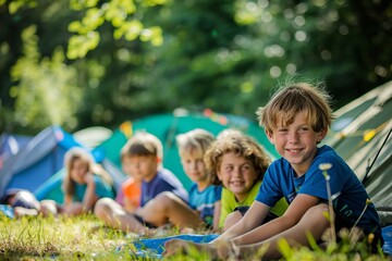 Fototapeta premium Children Camping in Forest with Tents in Background