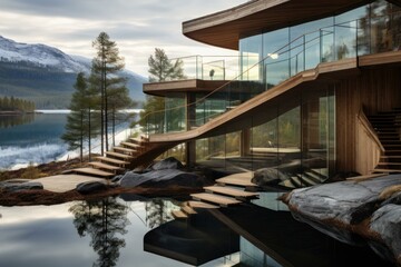 Luxurious wooden house with glass facade by a calm lake with snowy mountains in the background