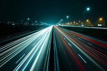 Highway with long exposure lights at night, cars driving fast on the highway in motion blur