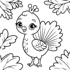 Vector illustration of a cute peacock drawing colouring activity