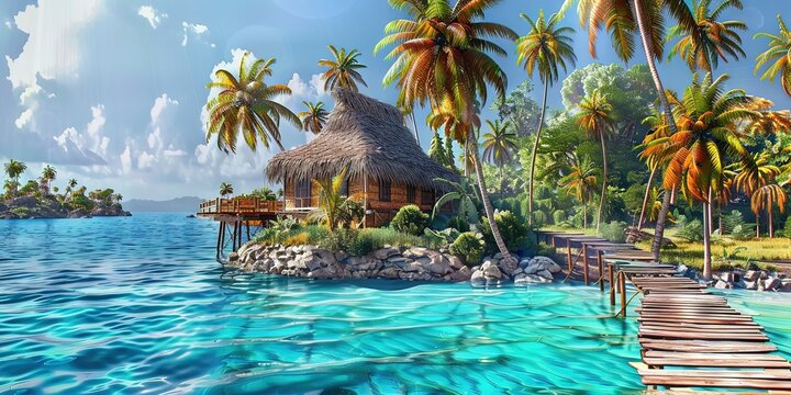 A stunning tropical island scene with crystal clear blue waters, palm trees swaying in the breeze and an overwater thatched hut on wooden planks extending into the water. 
