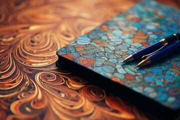 Artistic notebook with a stylish pen resting on its vibrant, swirled texture cover