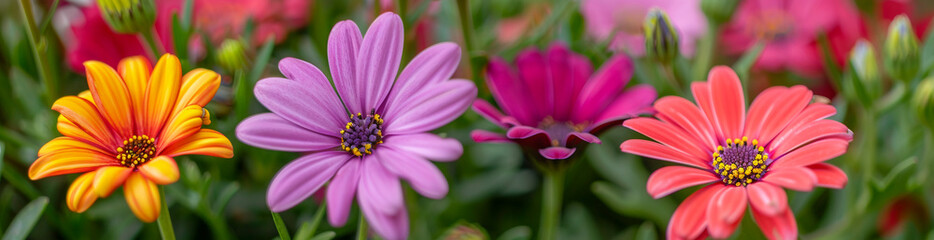 Obraz premium Colorful daisies blooming in the garden, vibrant colors of purple, pink and orange flowers