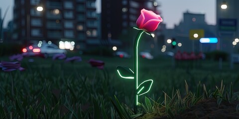 a glowing pink rose growing at night with a city background