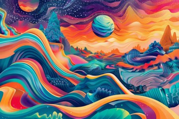 Surreal landscape with flowing hills and vibrant celestial bodies. Fantasy and dreamworld concept. Design for poster, wallpaper, and digital art themes. Generative AI