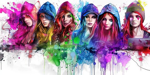 mixed group of women in tech in the style of watercolor painting,