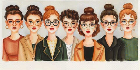 mixed group of women in tech in the style of watercolor painting,