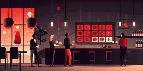 people gathering around a red screen, digital illustration, 