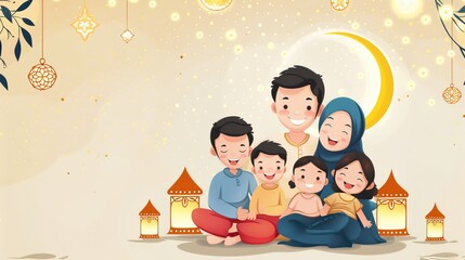 Traditional eid motifs with family, crescent moon, star, and islamic ornaments illustration