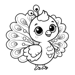 Cute vector illustration peacock drawing for kids colouring page