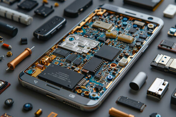 Smartphone disassembled to reveal plastic components and circuitry inside. AI generated.