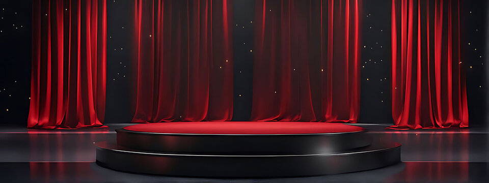 Stage podium background red light spotlight curtain theater show platform. Stage 3D background podium award cinema winner movie carpet pedestal fabric concert abstract studio dark vip empty silk club