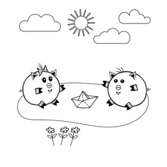 Vector piggy fat girl and a piggy boy playing with a boat together on a white background for coloring book for kids