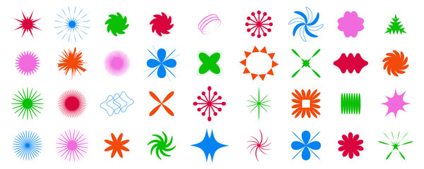 Modern abstract graphic design elements.Trendy Y2K Retro Badges Vector Design. Trendy abstract minimalist figures, stars, flowers, circles.