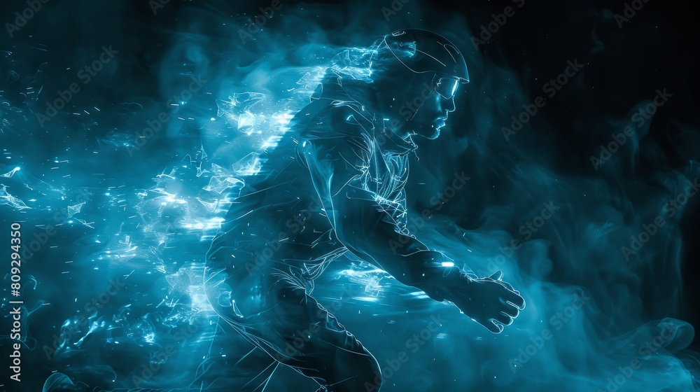 Poster A man running through a vibrant blue light in an urban setting.