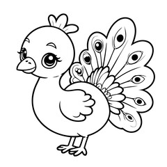 Cute vector illustration peacock drawing for toddlers colouring page