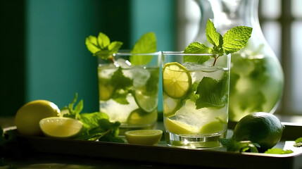 lime and mint, lemonade on glass, Citrus Lemonade Refreshment
