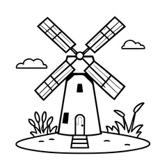 Vector illustration of a cute windmill drawing for toddlers coloring activity
