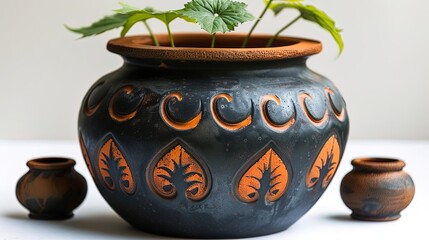 A beautiful ceramic flower pot with a unique geometric pattern and rich colors. The pot is perfect for holding a small plant or flower.