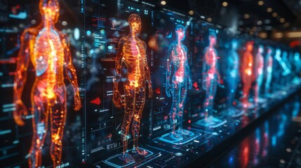 A man and woman interact with a futuristic display, showcasing advanced technology and human-machine interaction.