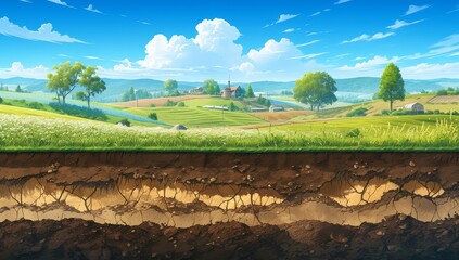 Generate an illustration of the soil layers underground with grass and trees on top, emphasizing various textures for educational purposes.