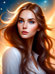 Digital painting of beautiful woman with long brown hair and blue eyes.