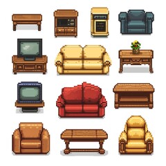 Furniture Home Decor Sofa Chairs Living Room Interior Design Video Game Assets Pixel Art Pack, Retro Pixelated Gaming Sprites Set, White Background, Isolated Platformer Objects Environmental Elements
