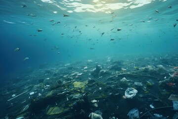 Fototapeta premium Underwater scene illustrating the severity of pollution with scattered trash and marine life