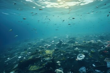 Underwater scene illustrating the severity of pollution with scattered trash and marine life