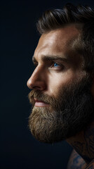 A man with a striking beard gazes intensely with his captivating blue eyes, exuding a sense of contemplation and mystery