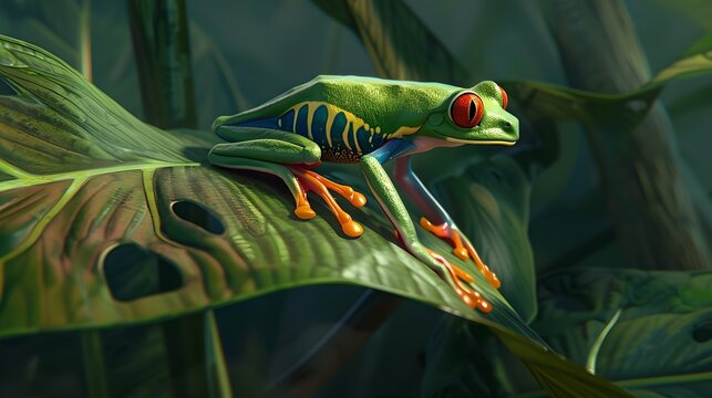 Vibrant AI-Generated Image of a Red-Eyed Tree Frog in a Lush Forest, Depicting Wildlife and Nature in Vivid Colors. AI - Powered by Adobe