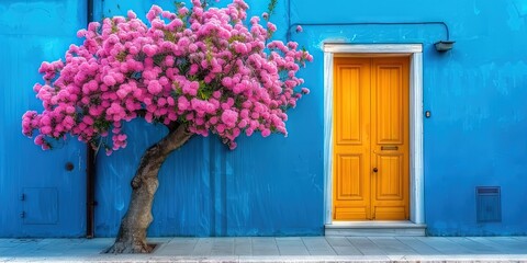photo of pink tree in front of blue house with yellow door