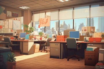 Fototapeta premium Animated office featuring an open space layout with sunlight casting a warm glow