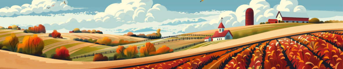 Panoramic autumn landscape showcasing a rural farm with a red barn and a church amidst rolling hills and colorful foliage generative ai vector illustration.