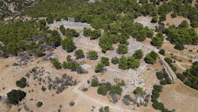 Footage of historical ruins, columns, ancient theater and temples in the ancient city of Priene.